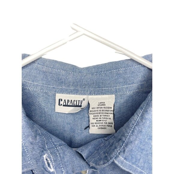 Vintage Capacity Floral Palm Trees Embroidered Peasant Denim Jean Shirt Size L - Picture 4 of 5